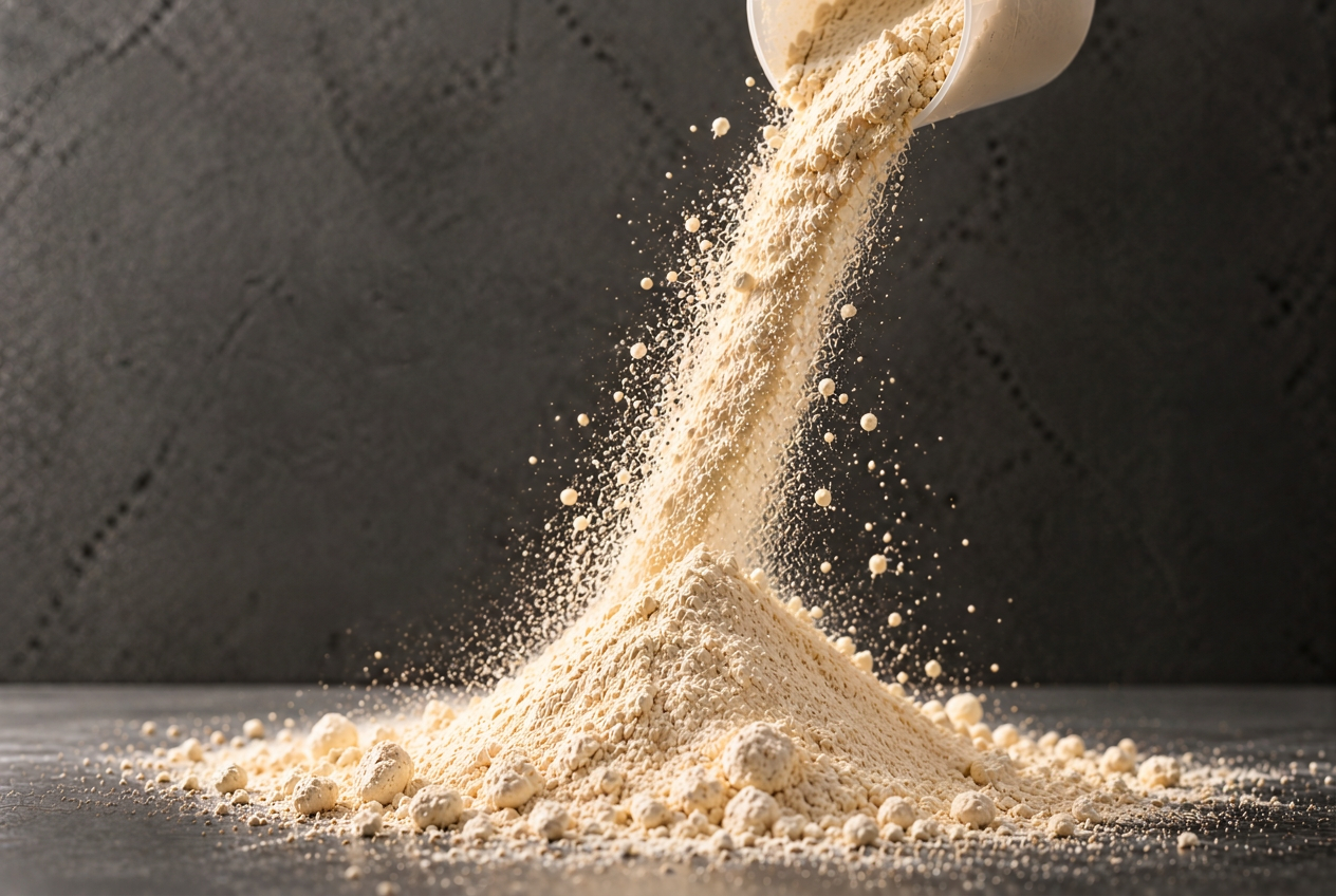 Vanilla protein powder pouring into a mound on a dark surface