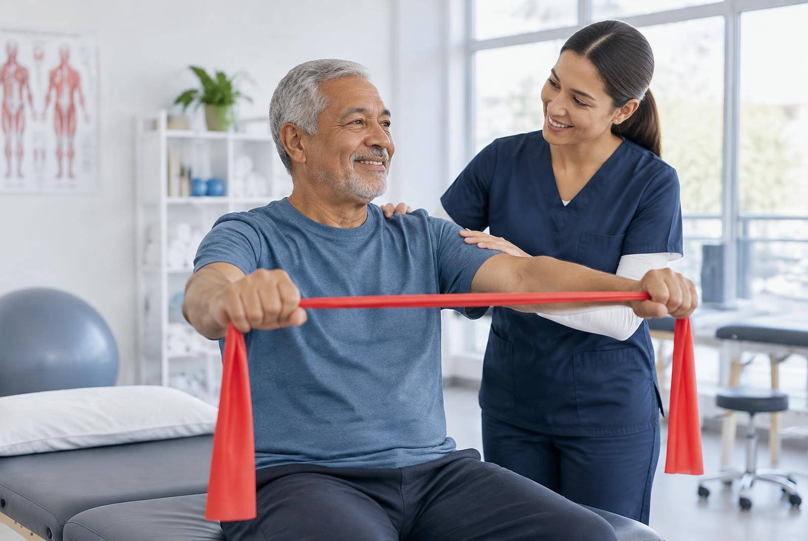 Physical therapist guiding an active adult through a mobility exercise